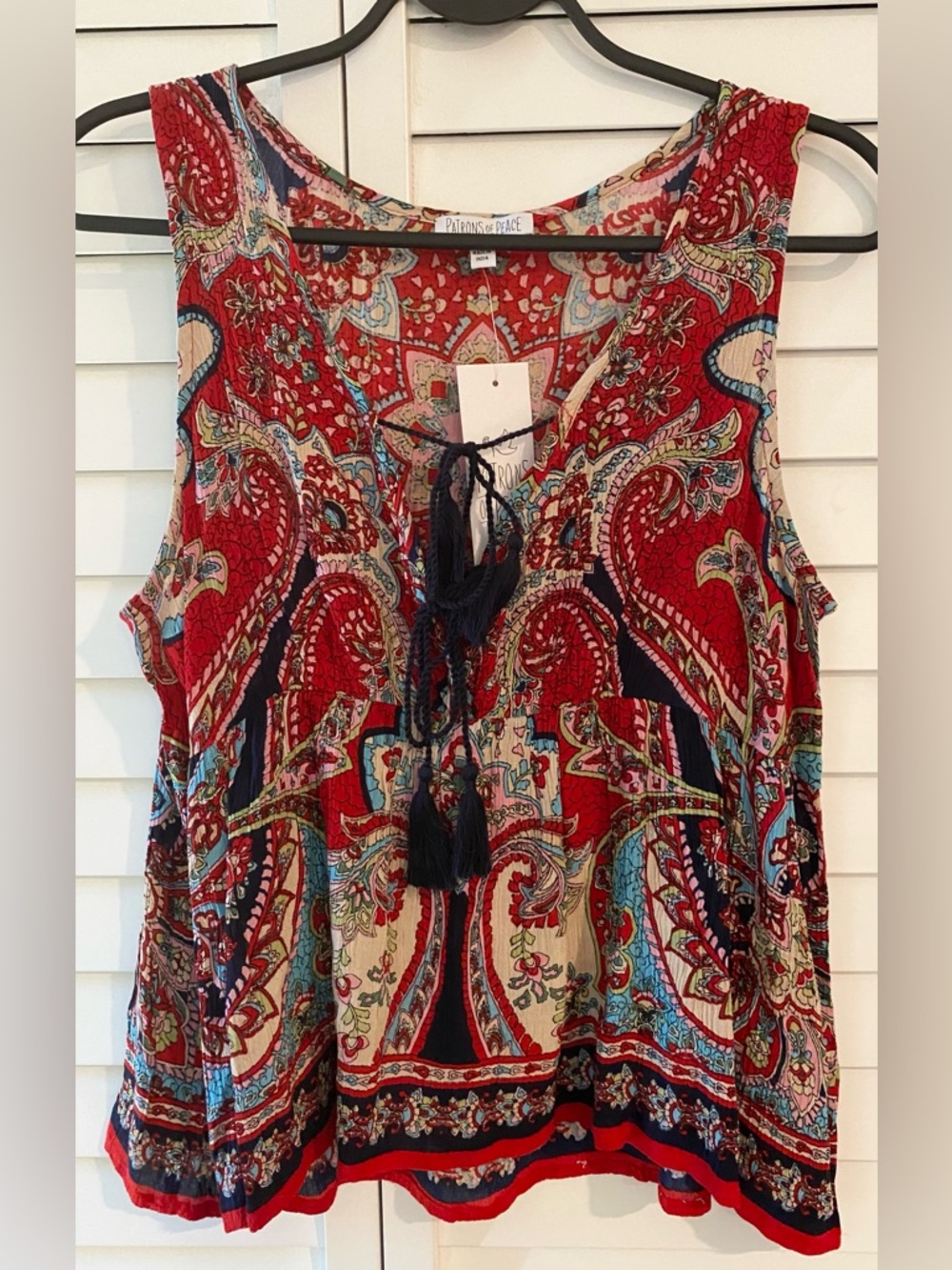 Patrons of Peace Red Paisley Tie-Front Sleeveless Top